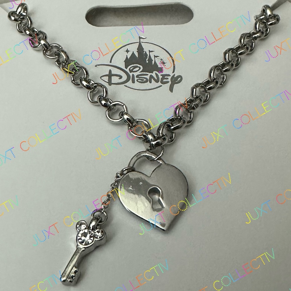 NWT Disney Parks Heart Padlock Mickey Icon Key Rhinestone Silver Necklace